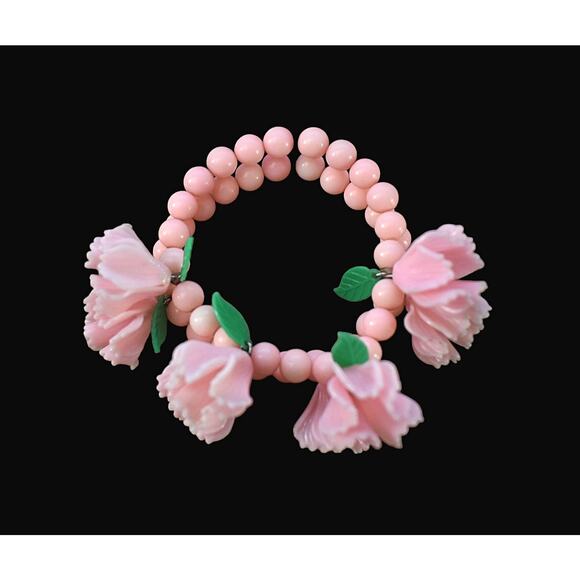 Vintage 50s Pink Celluloid Flower Green Leaves Double Strand Stretch Bracelet - Picture 1 of 6